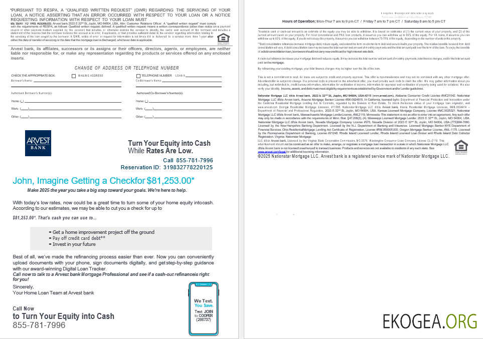 Relevé de prêt hypothécaire de la banque USA Arvest aux formats Word et PDF, 4 pages 3, 4